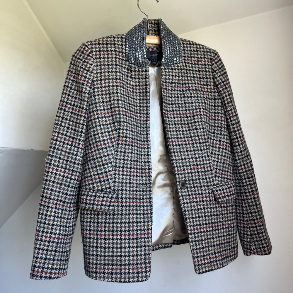 J.Crew Regent Blazer Size 6 Houndstooth Rhinestone Gem Collar Wool Jacket Preppy - Picture 4 of 10